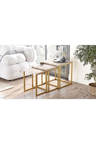 Robin Home Atlantis 3'lü Gold Metal Zigon Sehpa Mermer Desen