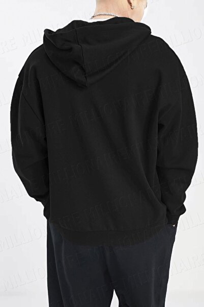 Millionaire Erkek Siyah Kapüşonlu Fermuarlı 3 Üç İplik Polar Kanguru Oversize Sweatshirt Zip Up Hoodie