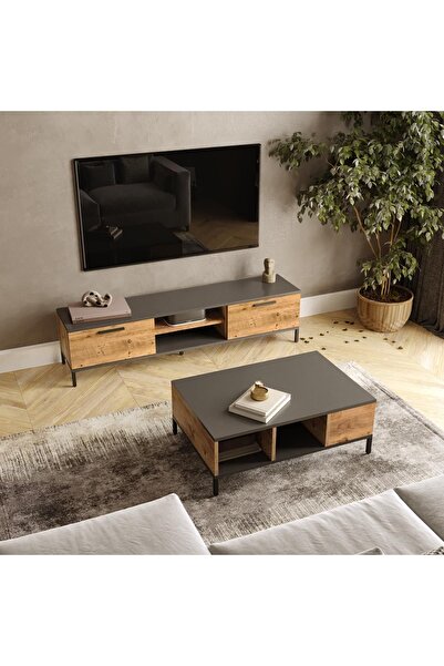 Robin Home Troya Serisi Tv Sehpası + Orta Sehpa Metal Ayaklı Çam