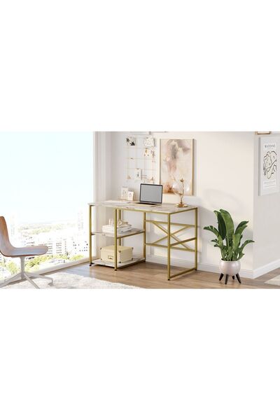 Robin Home Atlantis Gold Metal Çalışma Masası Raflı 120cm Mermer Desen