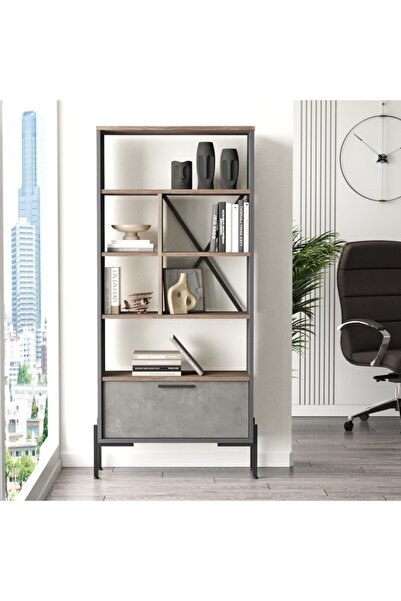 Robin Home Berlin D Ofis Kitaplık Metal Ayaklı Kahve-beton-antrasit Vs4-cga