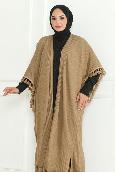 Bestenur Πλεκτό Poncho Oversize Mink - Balca 1195