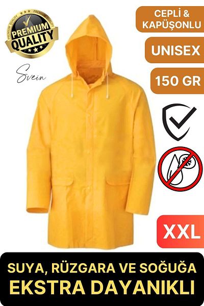 Svein Premium Yellow XXL 150 Gr Raincoat with Hood Pocket Water Wind Cold Proof Unisex Snap Top Coat