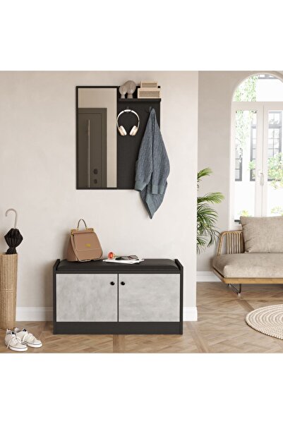 Robin Home Stella Aynalı Minderli Ayakkabılık Vestiyer Portmanto Taş-siyah Ls...