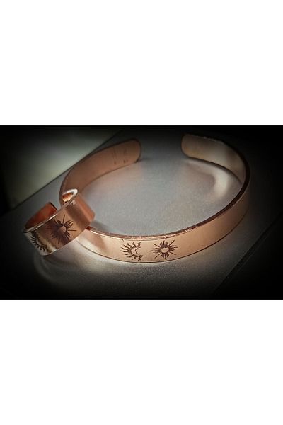 DA Cooper Design Copper Bracelet Sun & Moon Symbol Copper Bracelet Ring Set 45 Gr