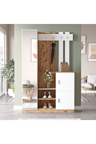 Robin Home Liva Aynalı Vestiyer Portmanto Ayakkabılık Çam-beyaz