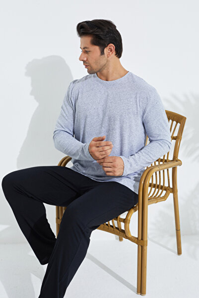 Siyah İnci Men's Knitted Pajama Set - Long Sleeve, Light Gray 7795