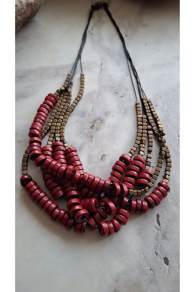 azra takı tasarım Claret Red Wooden Short Multiple Women's Necklace - Handmade