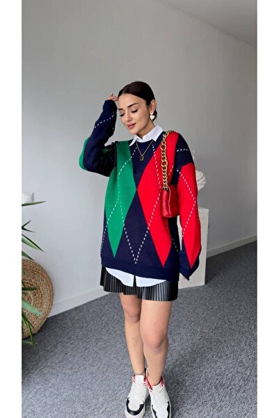 Brantu Women's Navy Blue Red Crew Neck Diamond Pattern Oversize Sweater