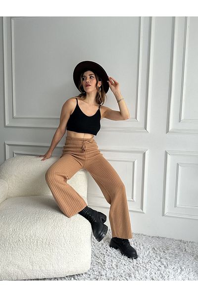 Brantu Light Brown Palazzo High Waist Knitwear Trousers