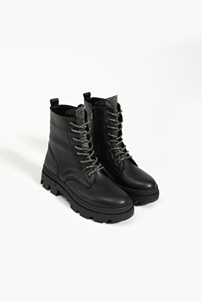 Pembe Potin Kadın Siyah Poli Taban Fermuarlı Rahat Kalıp Sıcak Astar Taşlı Bağcıklı Postal Pot