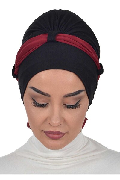 Ayşe Tasarım Chiffon Belted Combed Cotton Bonnet, Black - Burgundy, B-24, Black - Burgundy
