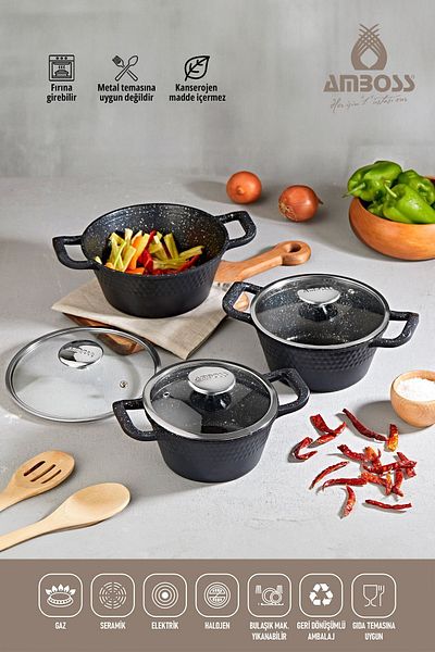 Amboss Granite Cast Pot Set 6 Pieces - Fireproof and Non-stick, with Glass Lid