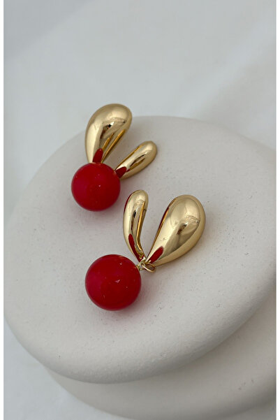 HOSBUTIK Za Model Red Ball Earrings - Gold Color