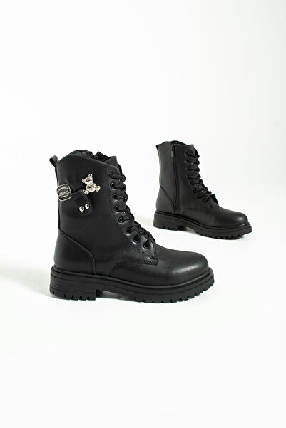 Pembe Potin Kadın Teddy Bear Siyah Poli Taban Fermuarlı Rahat Kalıp Sıcak Astar Bağcıklı Bot