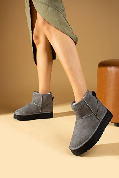 Pembe Potin Жіночі сірі напівботи з нубуку, з пухнастою підкладкою, на плоскій товстій зручній підошві