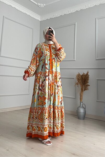 VİSKON SHEVY Viskon Kumaş Elbise Rahat Kalıp Turuncu