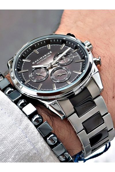 Navimarine Men's Wristwatch and Bracelet with Gift - Black Silver Steel Cord
