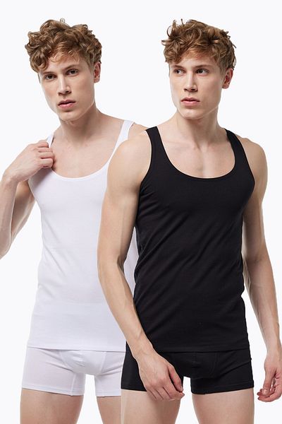 Malabadi Men's Modal Undershirt - 2 Pieces Black and White, Thin Straps, Non-Marking 013