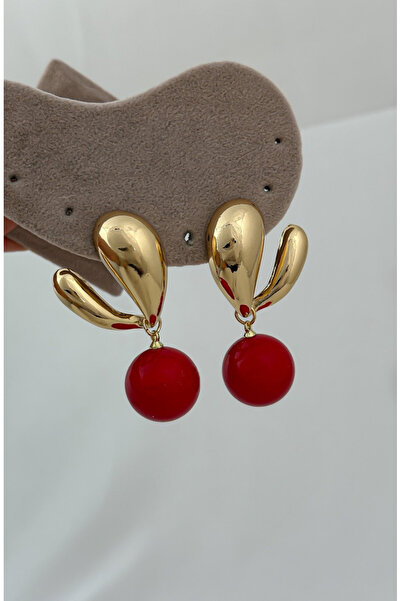 HOSBUTIK Za Model Red Ball Earrings - Gold Color