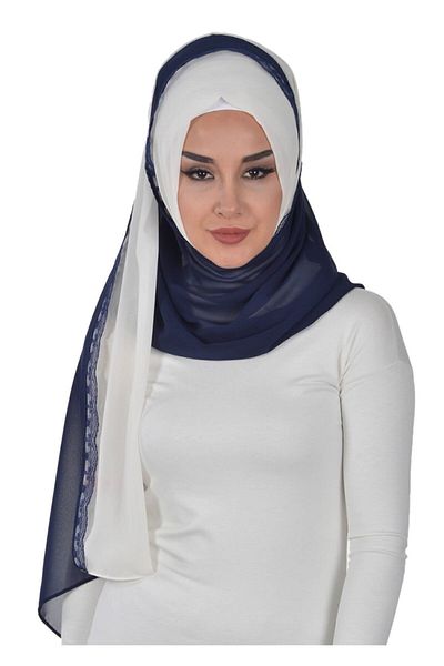 Ayşe Tasarım شال شيفون عملي، كريمي - أزرق داكن، ps-23