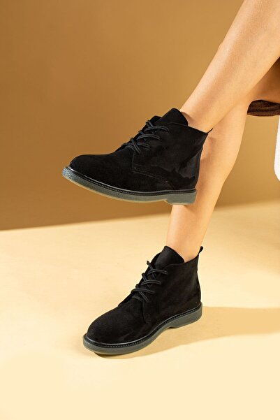 Pembe Potin Kadın Siyah Süet Bağcıklı Rahat Termo Taban Günlük Sıcak Astar Bağcıklı Bot