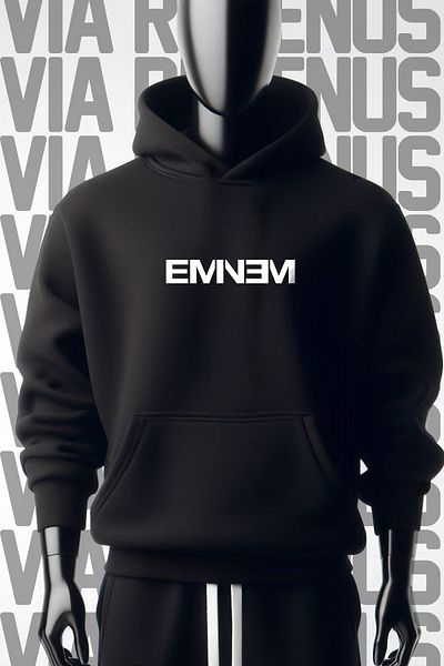 Vordevia Черен суичър с качулка с щампа Eminem - широка шарка от 3 прежди