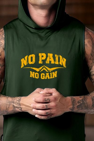 BESSA Men's Khaki Hooded Cotton Tank Top - No Pain Printed Sleeveless Athlete T-Shirt