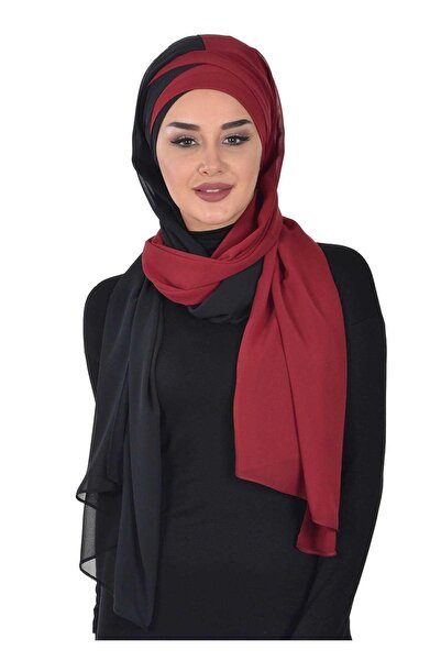 Aisha's Design شال شيفون عملي ذو لونين، cps-84، أسود - أحمر كلاريت، cps-84، أ...