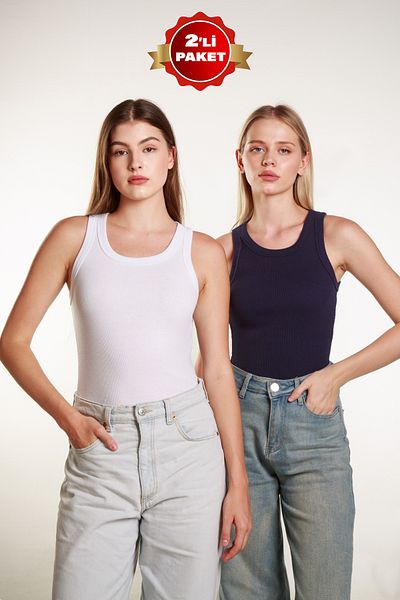 MİSS M.A.T FASHİON Ribbed Halter Neck Women's T-Shirt and Knitted Undershirt - Pack of 2