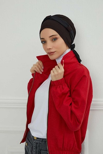 Ayşe Tasarım Black Chiffon Belted Combed Cotton Bonnet - B-24