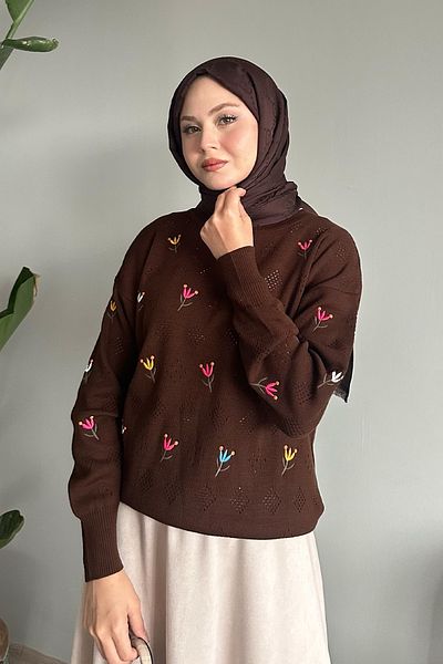 InStyle Pulover de tricotaj ajurat cu motiv trandafir de culoare maro unghi