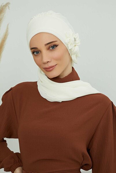 Ayşe Tasarım Special Design Chiffon Ready-To-Wear Turban with Stone Accessories, Cream, Ht-8, Cream