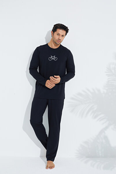 Siyah İnci siyah Uzun Kollu Örme Erkek Pijama Takım 7795