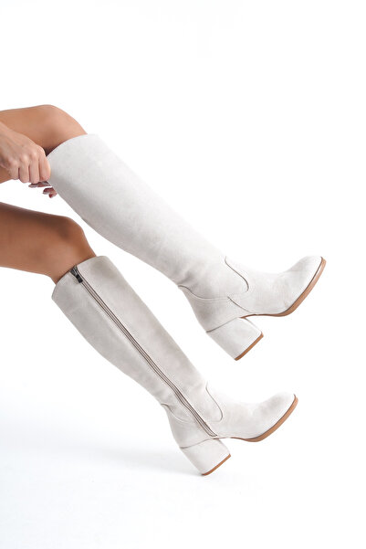 Shoesers Kadın Özel Tasarım Oval Burunlu Kalın Topuklu Fermuarlı Süet Çizme