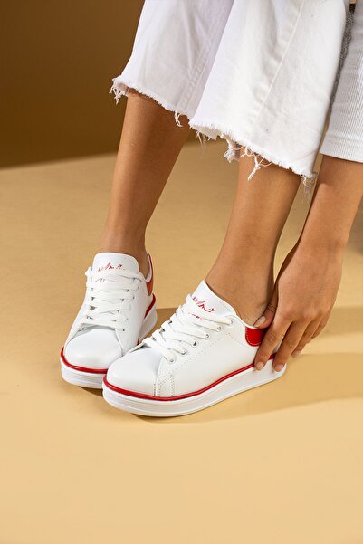 Pembe Potin Bílé červené dámské sportovní tenisky šněrovací každodenní boty s pohodlnou podrážkou