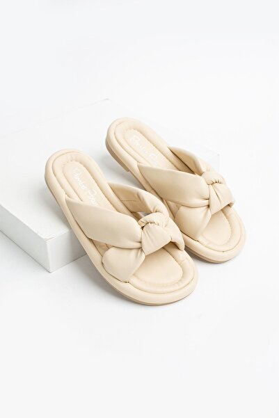 Pembe Potin Kadın Bej Fiyonklu Terlik Sandalet