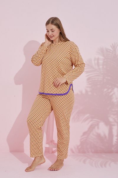 Siyah İnci πορτοκαλί μωβ μοτίβο Bias Curve Plus Size Oversize Πλεκτό Σετ Πιτζάμες 7778