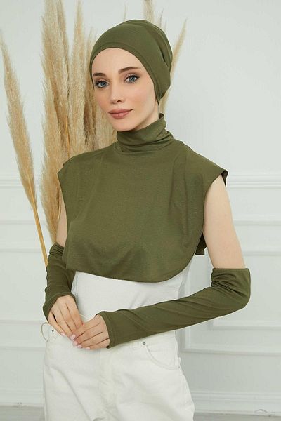 Aisha's Design Khaki Color Sleeve, Neck Collar and Bonnet Set - KPT-3