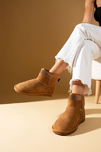 Pembe Potin Kadın Taba Nubuk Yarım Bot Içi Tüylü Düz Rahat Taban Taş Detaylı Bot Bootie Ayakkabı