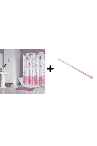 Zethome 2881 Model roz perdea de duș pentru baie și dispozitiv pentru agățat țeavă - 160x260 cu cadou