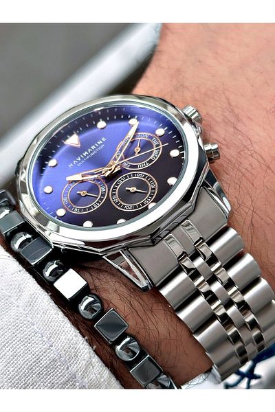 Navimarine Men's Silver Colored Steel Cord Wrist Watch and Bracelet Gift