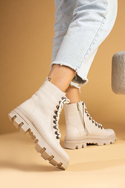 Pembe Potin Kadın Bej Krem Bağcıklı  Fermuarlı Günlük Rahat Kalıp İçi Sıcak Astarlı Bot Postal