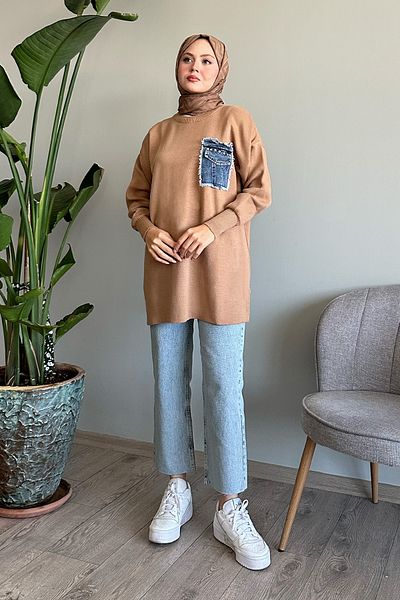 InStyle Camel Colored Denim Pocket Knitwear Tunik