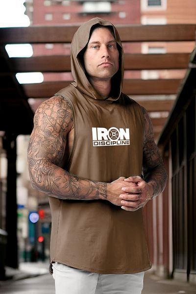 BESSA Men's Iron Discipline Printed - Brown Cotton Hooded Tank Top T-Shirt