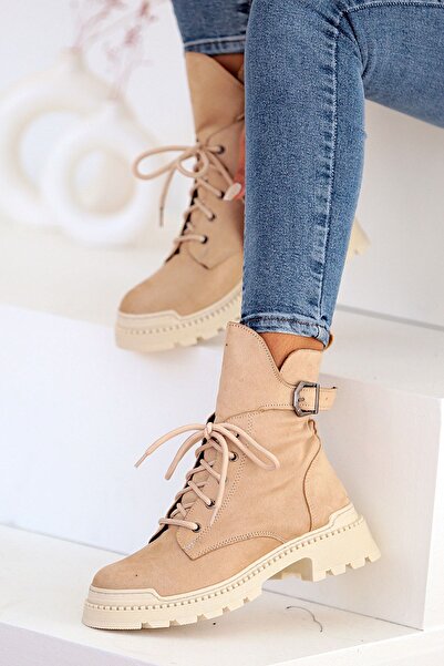 Pembe Potin Γυναικείες μπότες με κορδόνια σε μπεζ καστόρι με πόρπη με φερμουάρ Άνετη εφαρμογή με ζεστή επένδυση