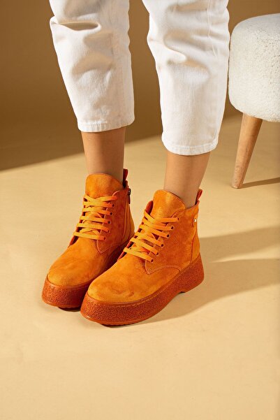 Pembe Potin Жіночі помаранчеві замшеві черевики на шнурівці з товстою зручною термопідошвою, теплою підкладкою та еластичною гумкою