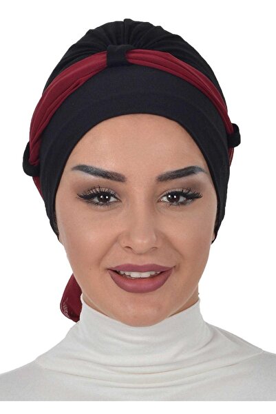 Ayşe Tasarım Chiffon Belted Combed Cotton Bonnet, Black - Burgundy, B-24, Black - Burgundy