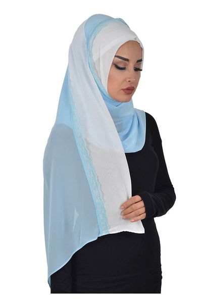Ayşe Tasarım شال شيفون عملي، كريمي - بيبي بلو، ps-23