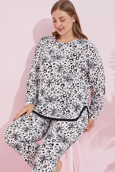 Siyah İnci Plus Size White Black Leopard Pattern Curve Pajama Set - 7779